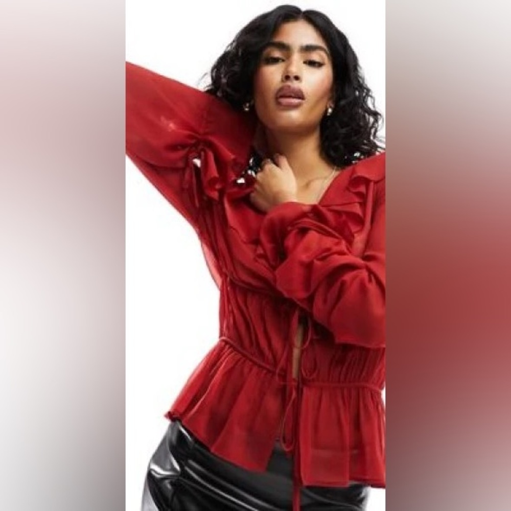 Ruffle chiffon boho milkmaid blouse in Red